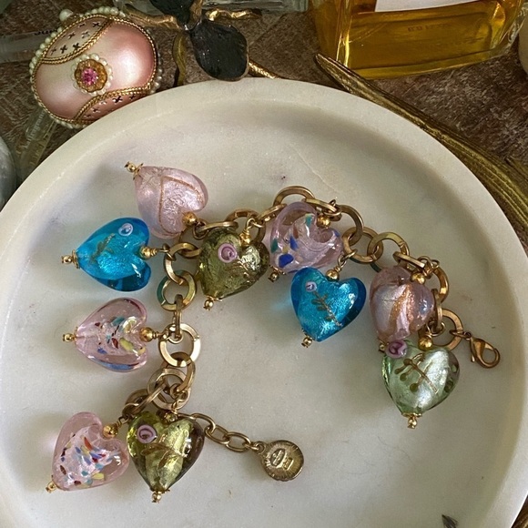 Frosted candy colored glass hearts gold tone GRAZIANO chain bracelet